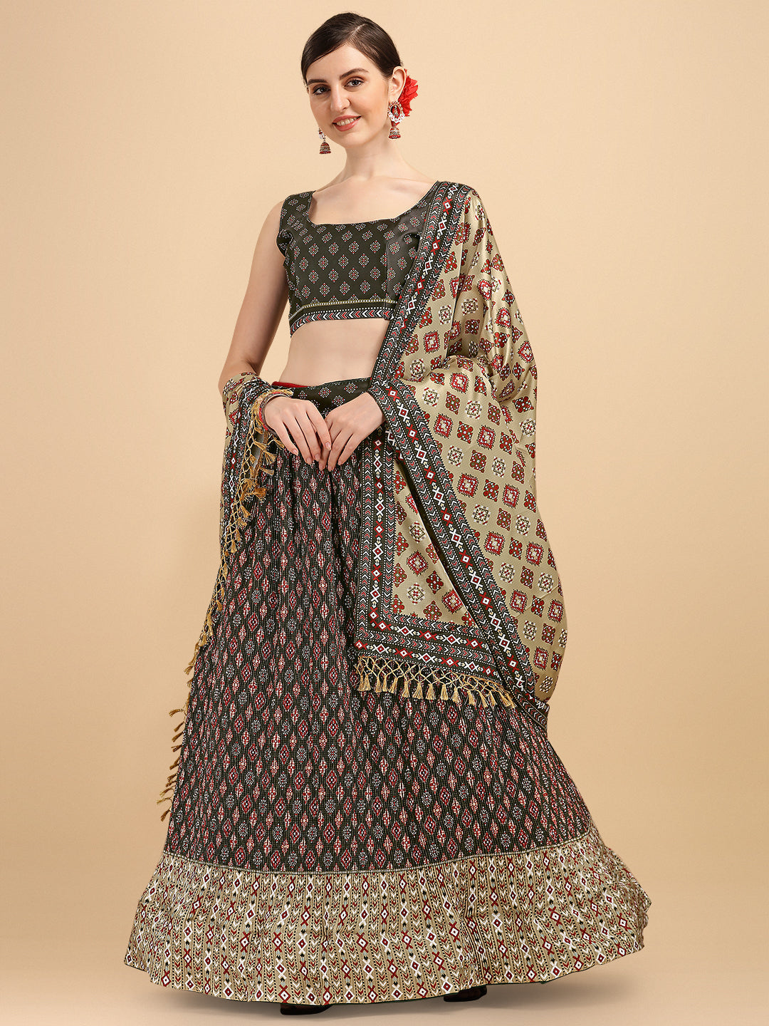 Black & Cream Color Digital Printed Crushed Lehenga Choli