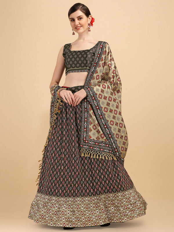 Black & Cream Color Digital Printed Crushed Lehenga Choli