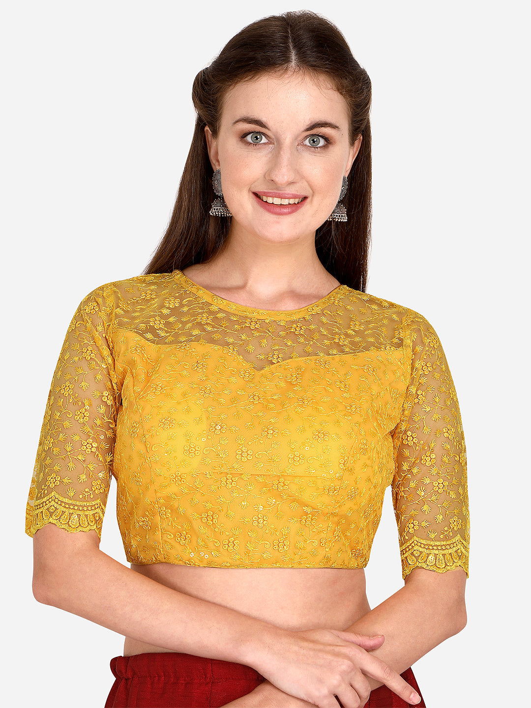 Beautiful Yellow Color Embroidered & Sequence Work Net Blouse