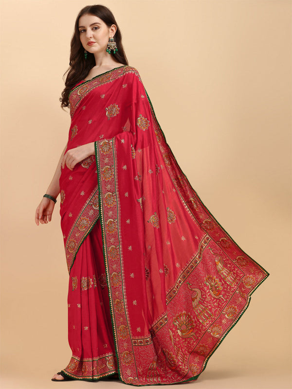 Party Wear Red Color Embroidered Work Vichitra Silk Saree