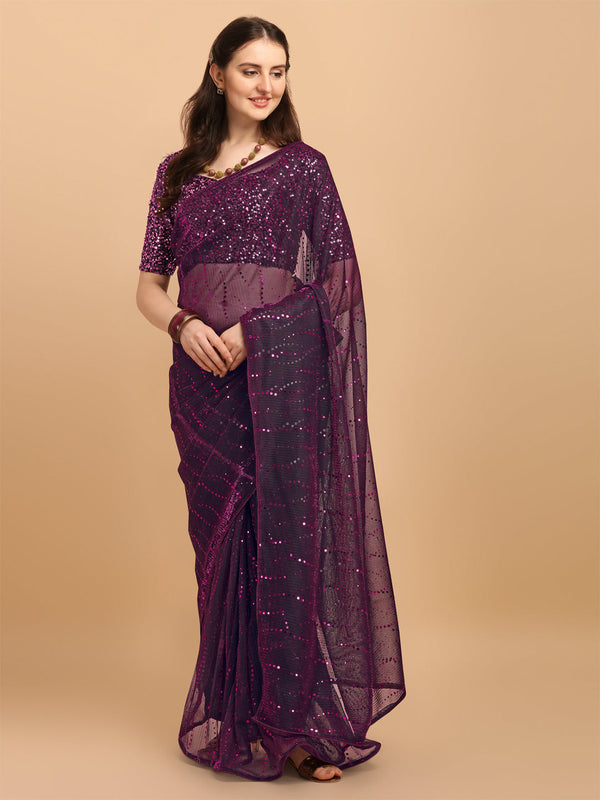Demanding Pink Net Saree With Sequences Blouse