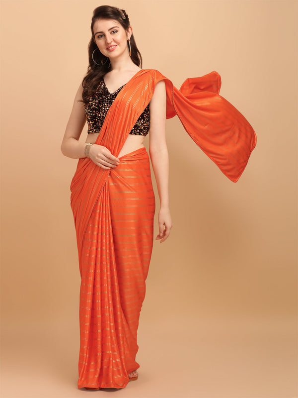 Stylish Orange Malai Silk Saree With Sequences Blouse