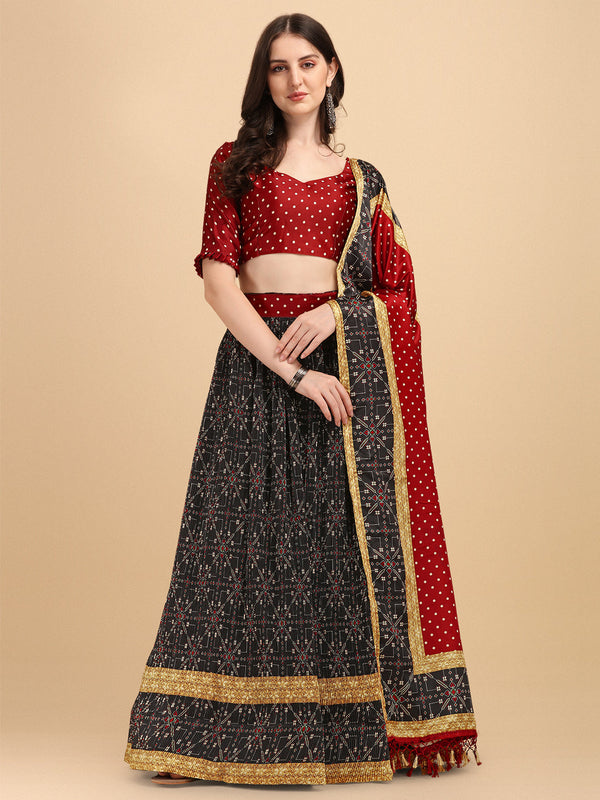 Classic Black & Maroon Digital Printed Color Crushed Lehenga Choli
