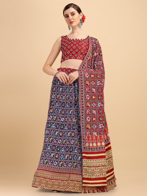 Digital Printed Awesome Navy Blue & Red Color Crushed Lehenga Choli