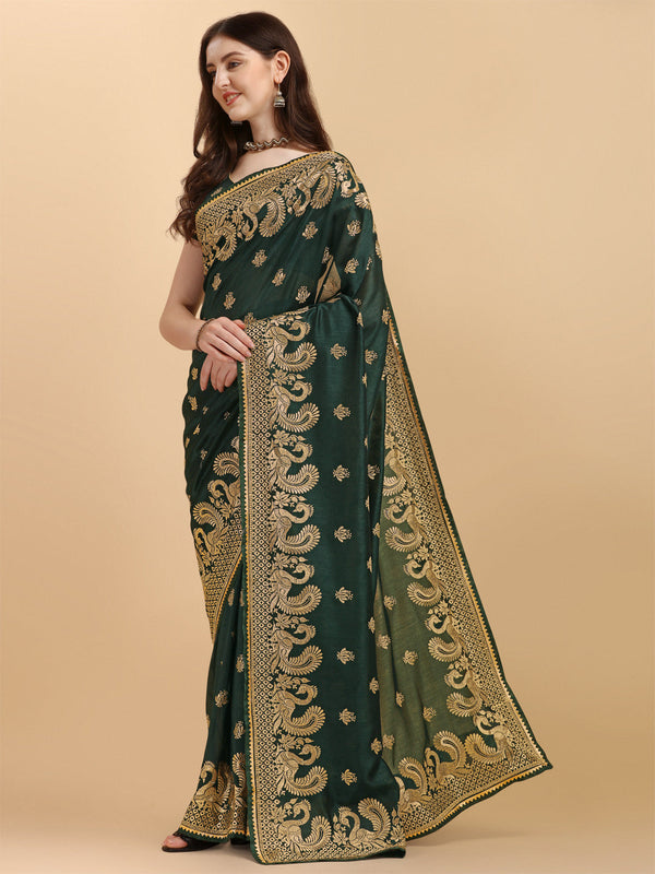 Party Wear Bottle Green Color Embroidered Work Vichitra Silk Saree