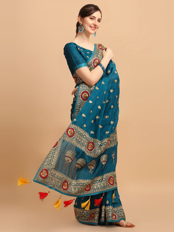 Blue Color Embroidered Barfi Blooming Saree