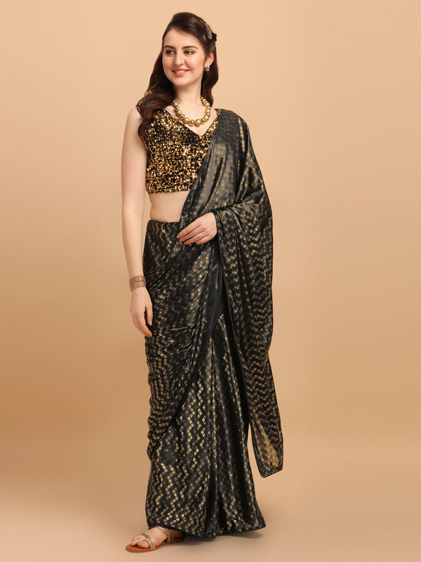 Black Malai Silk Saree With Sequences Blouse