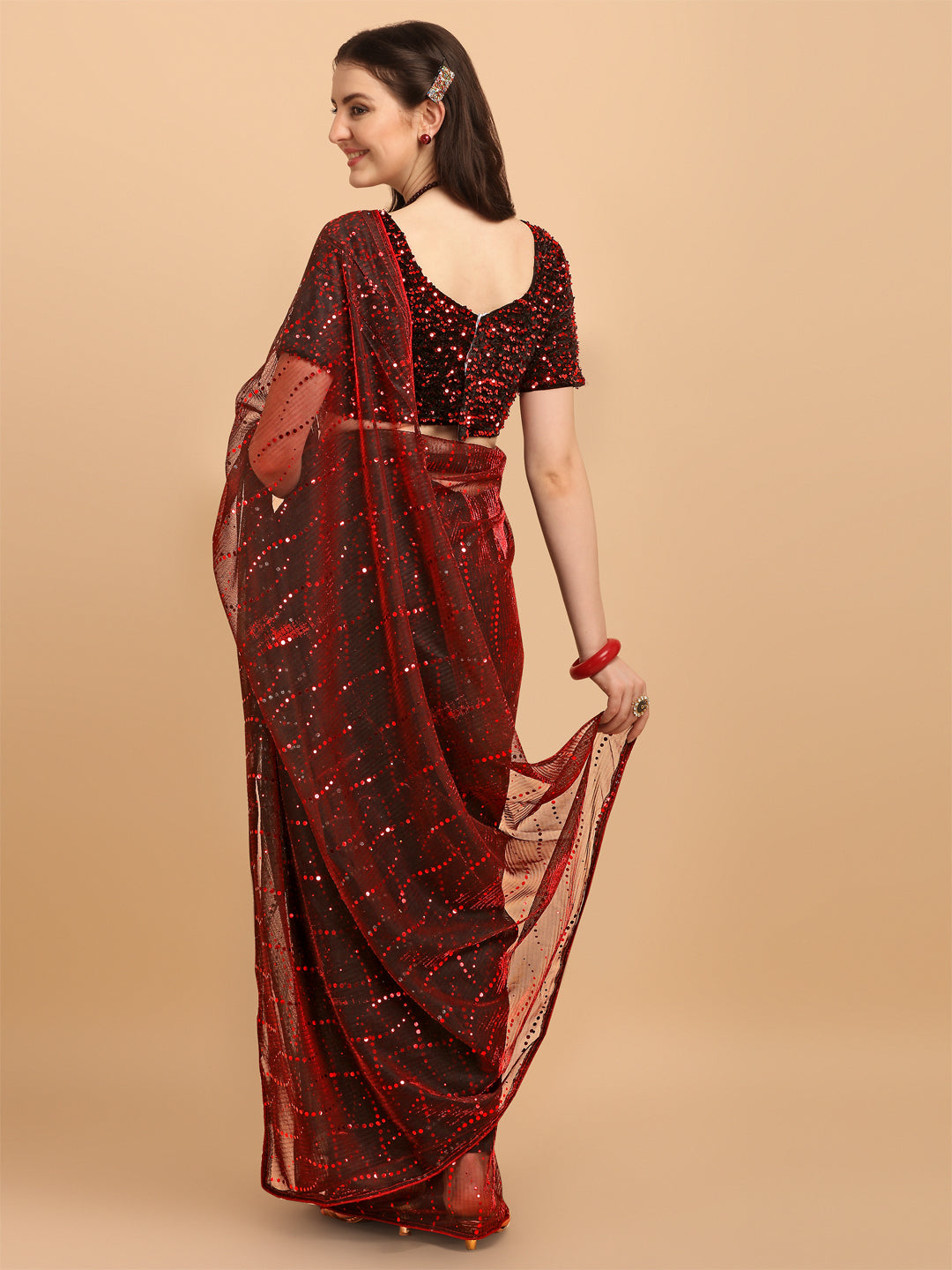 Opulent Red Net Saree With Sequences Blouse