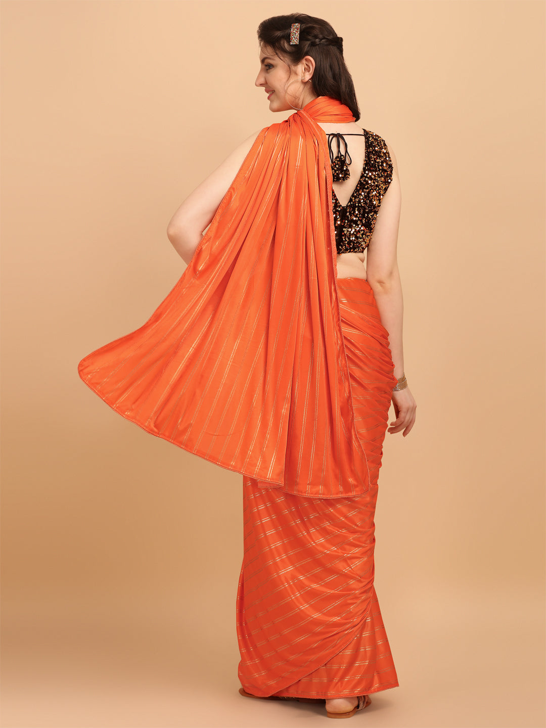 Stylish Orange Malai Silk Saree With Sequences Blouse