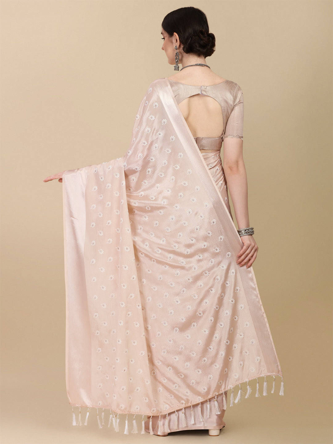 Designer Beige Color Foil Print Chinon Satin Saree