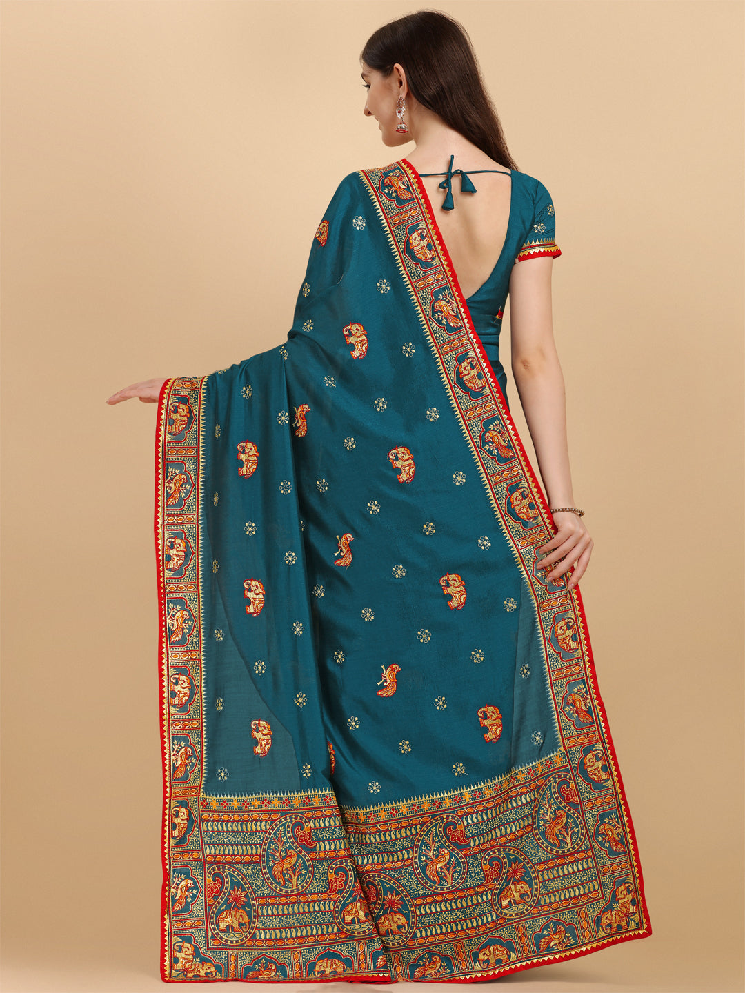 Party Wear Peacock Green Color Embroidered Work Vichitra Silk Saree