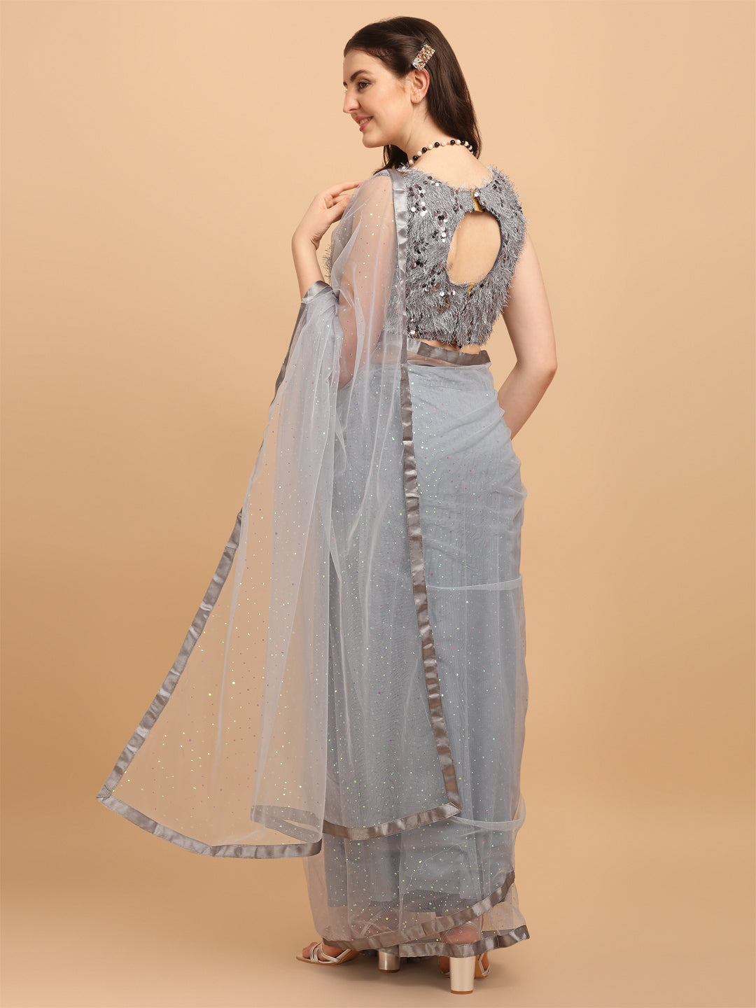 Grey Color Net Saree With Sequence Blouse