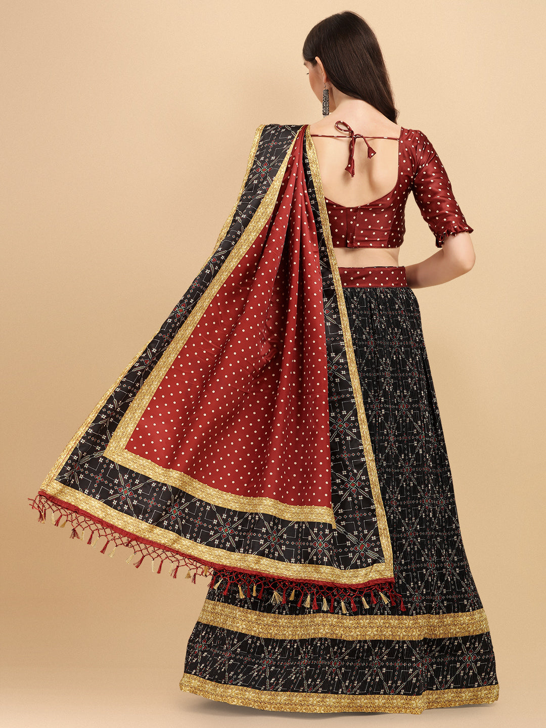 Classic Black & Maroon Digital Printed Color Crushed Lehenga Choli