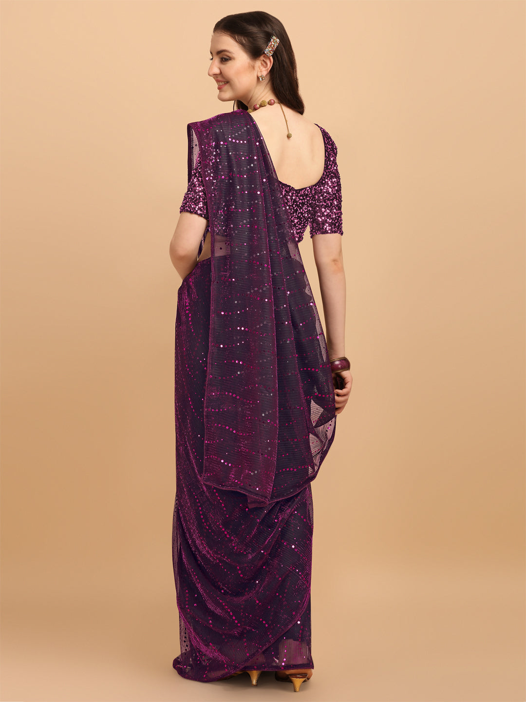 Demanding Pink Net Saree With Sequences Blouse