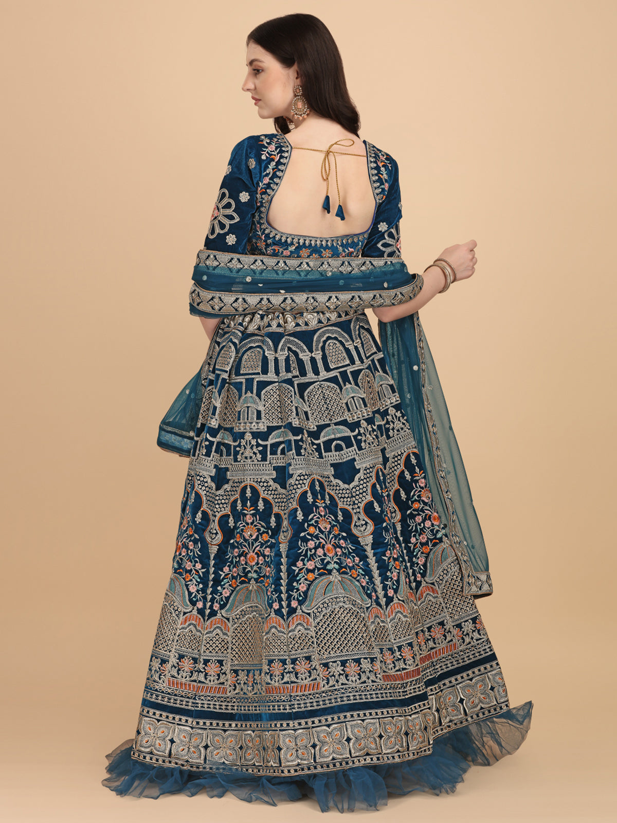 Party Wear Blue Silver-Toned Velvet Lehenga Choli