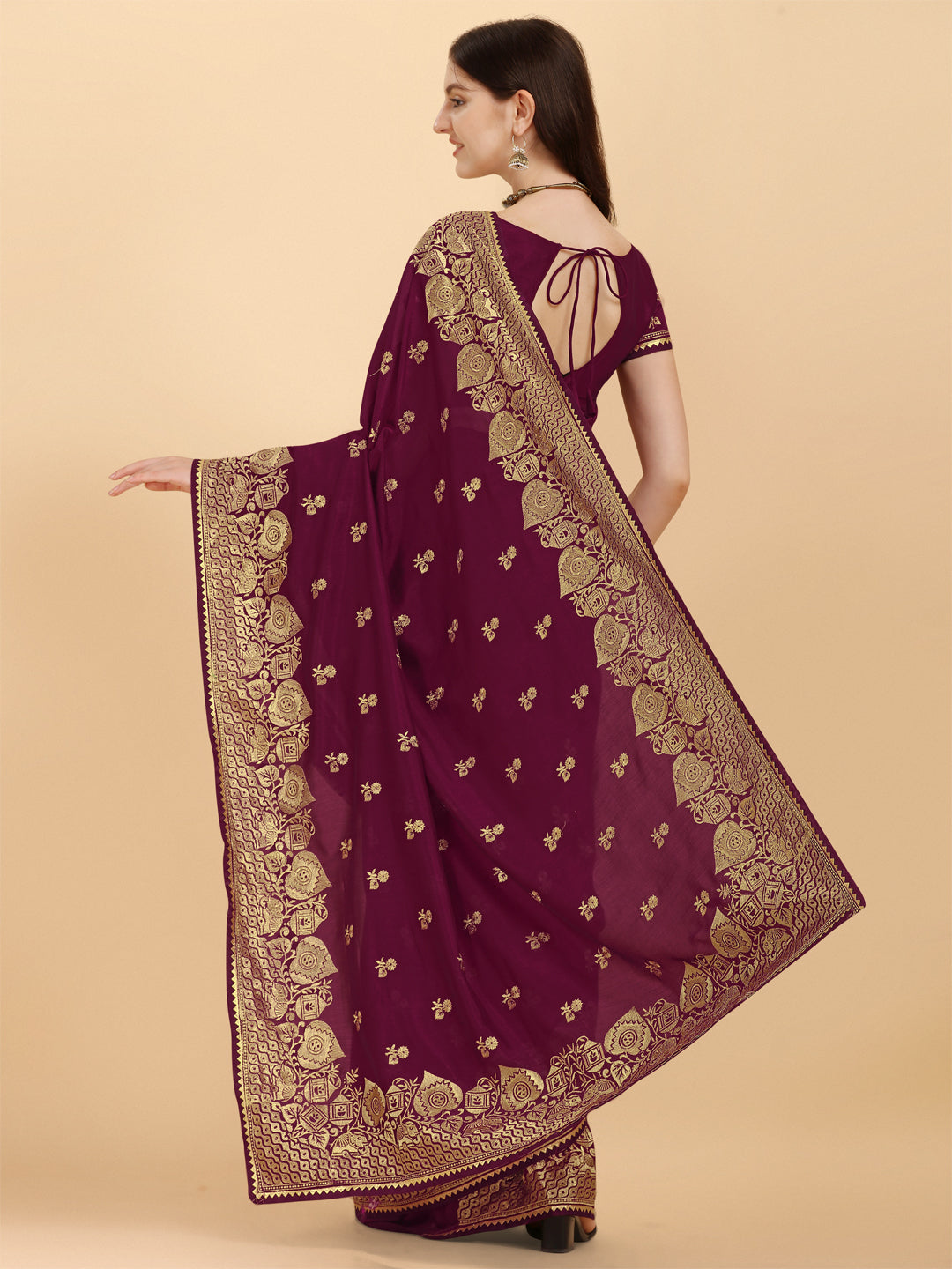 Party Wear Purple Color Embroidered Work Vichitra Silk Saree