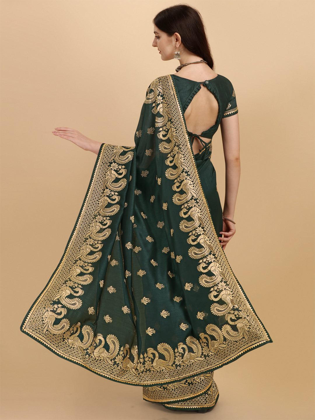Party Wear Bottle Green Color Embroidered Work Vichitra Silk Saree