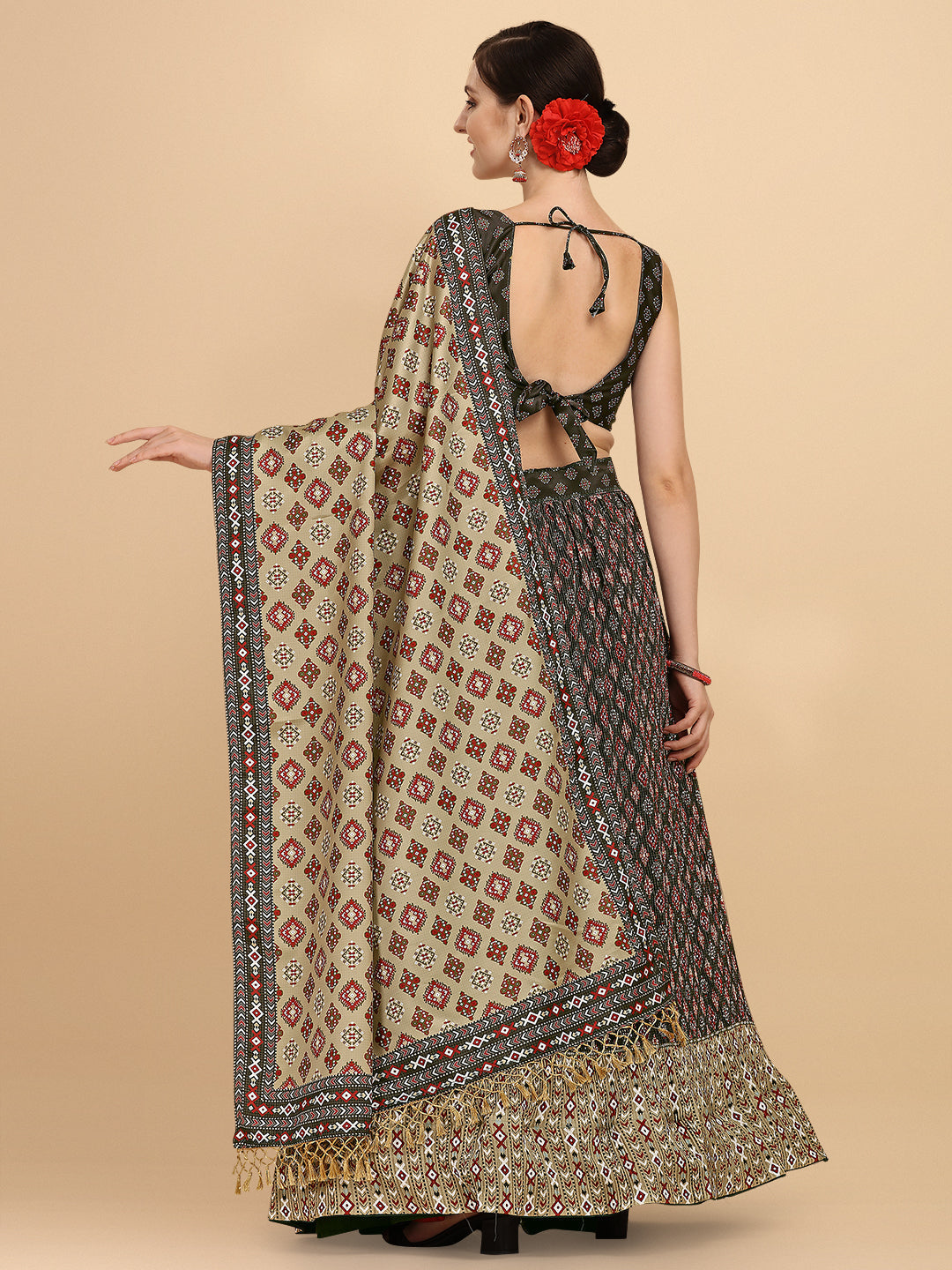 Black & Cream Color Digital Printed Crushed Lehenga Choli