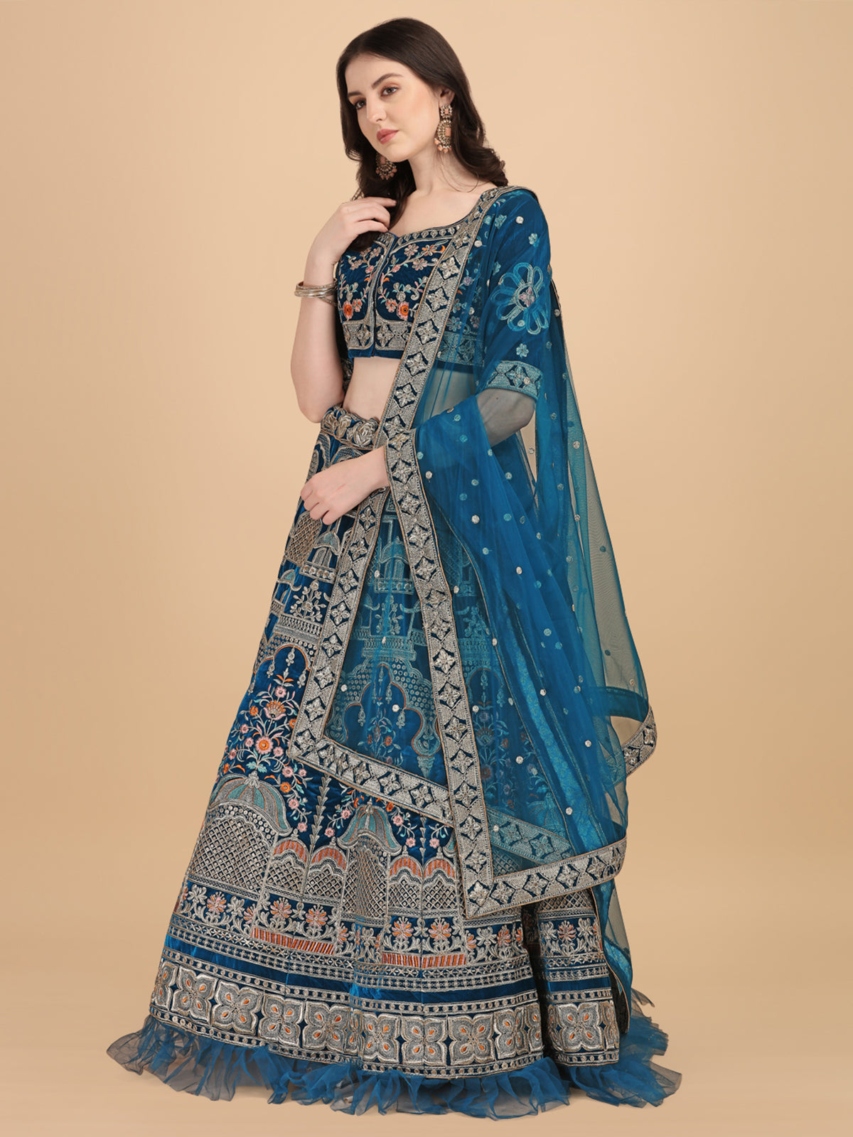 Party Wear Blue Silver-Toned Velvet Lehenga Choli