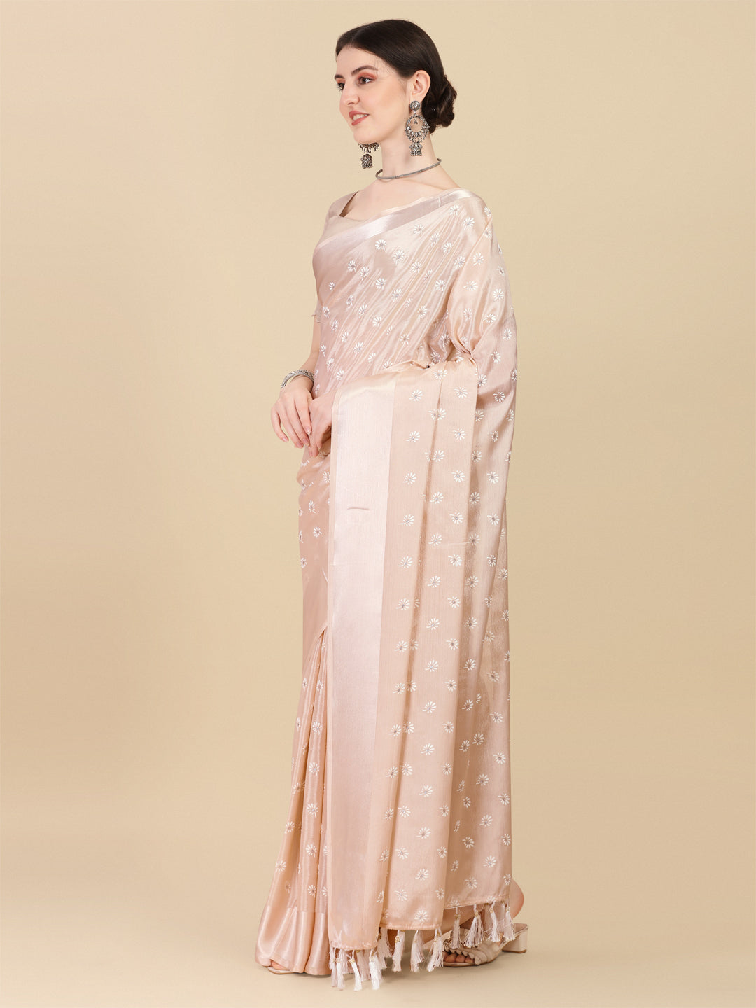 Designer Beige Color Foil Print Chinon Satin Saree