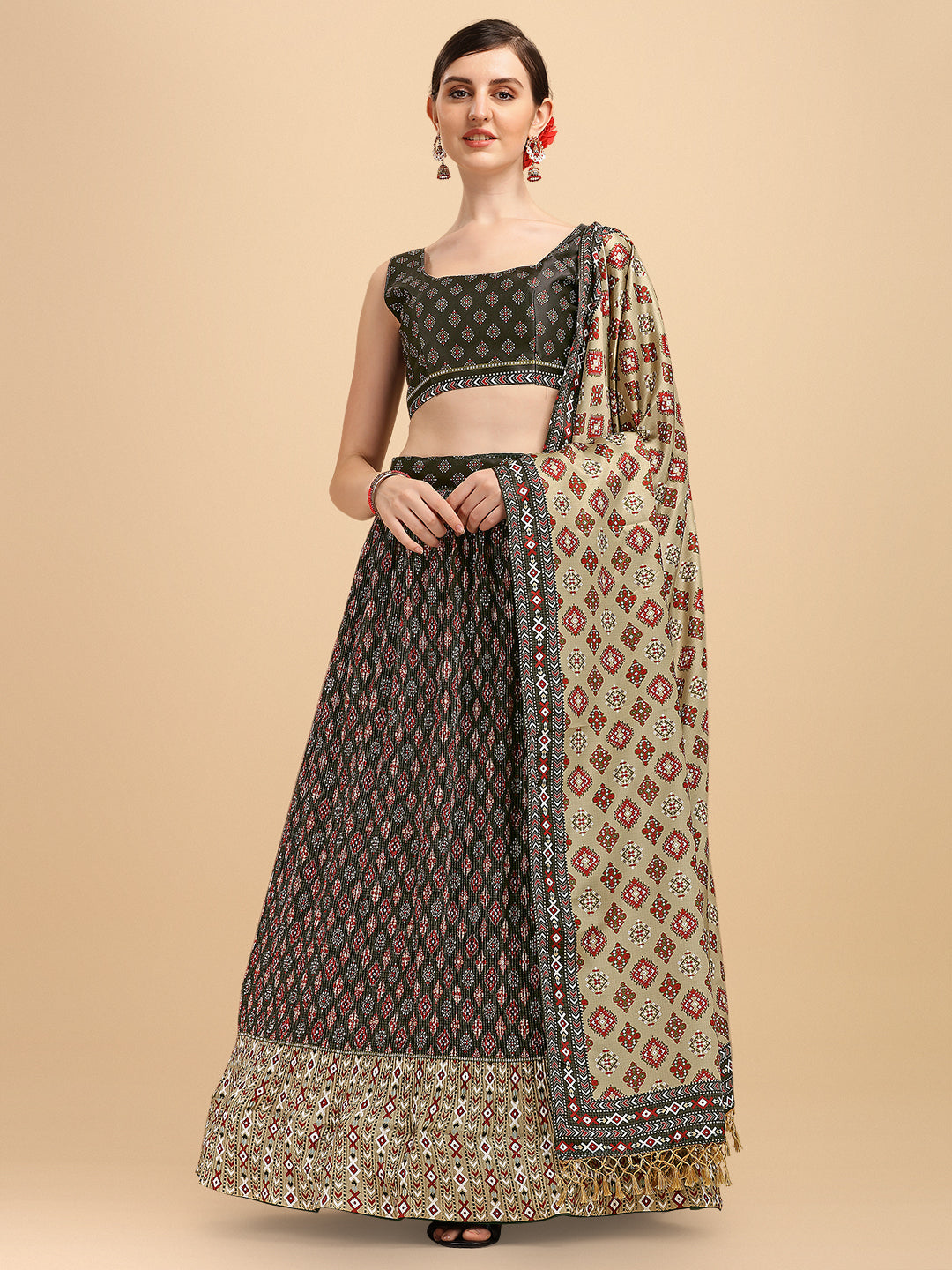 Black & Cream Color Digital Printed Crushed Lehenga Choli