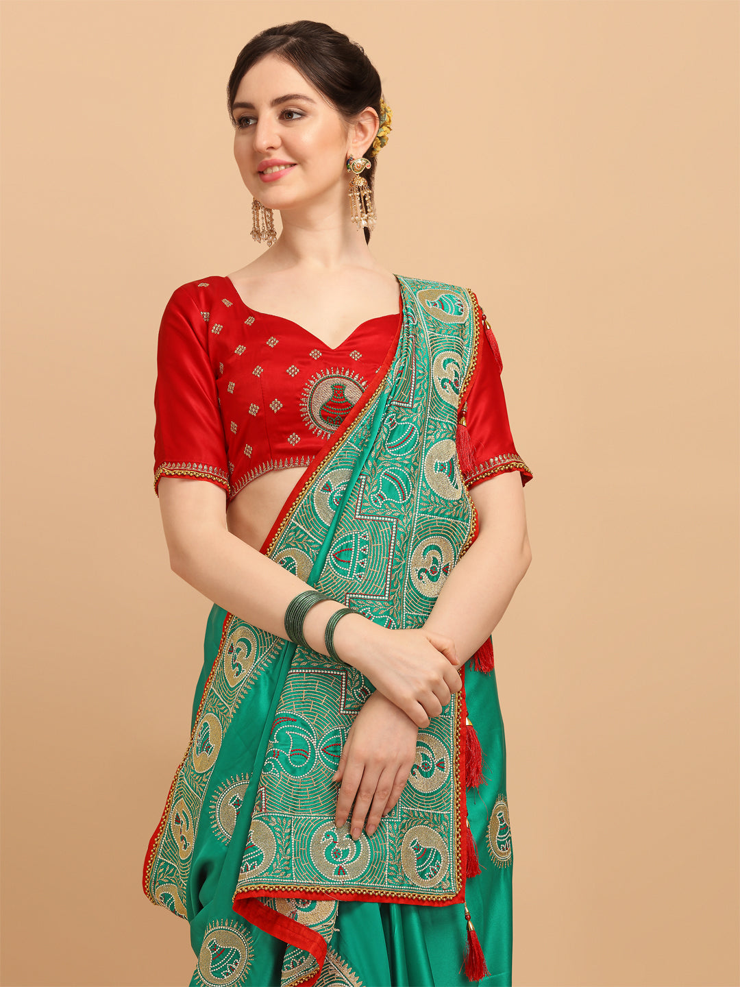 Green Color Embroidered Work Silk Saree