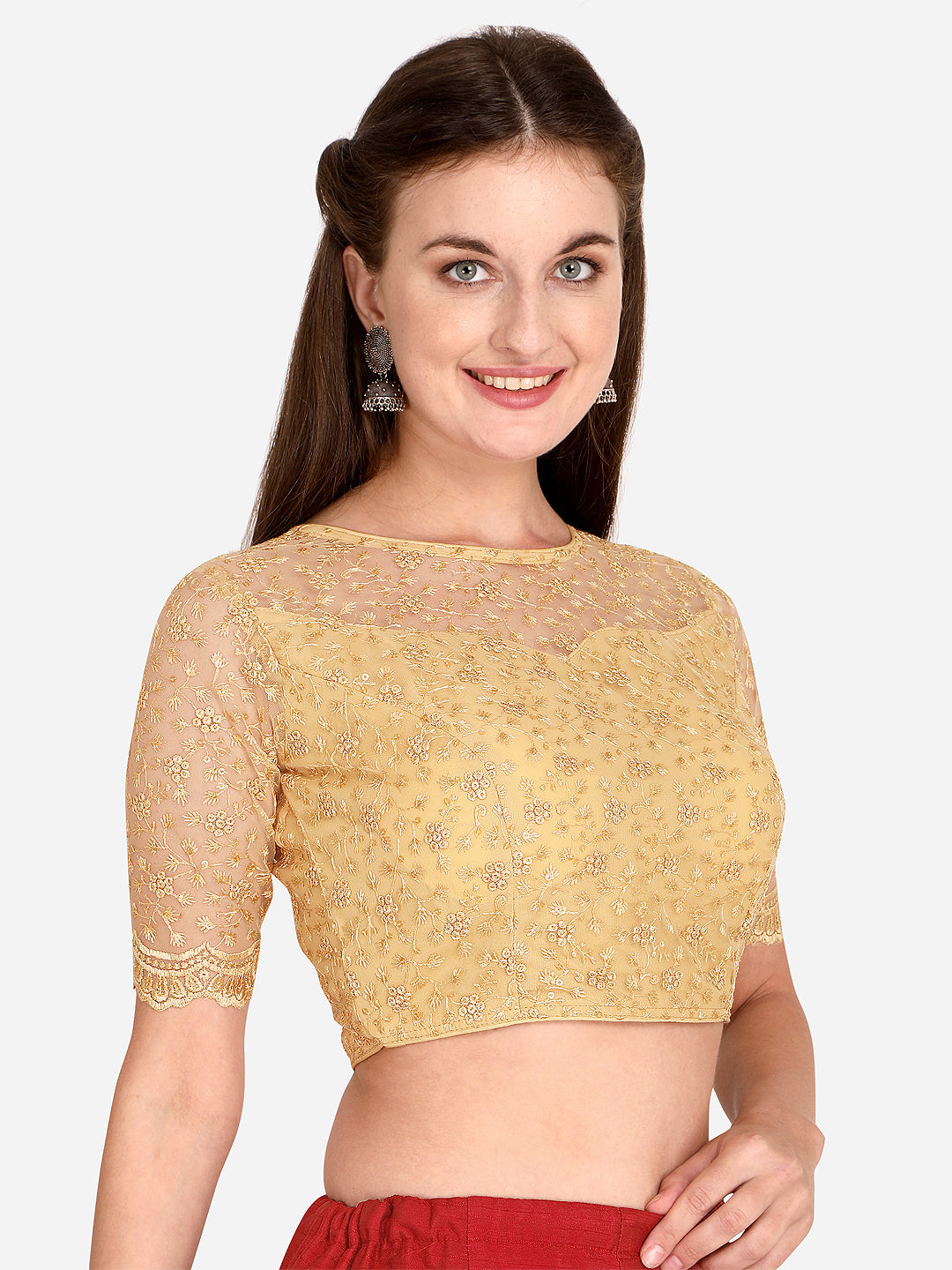 Beautiful Beige Color Embroidered & Sequence Work Net Blouse