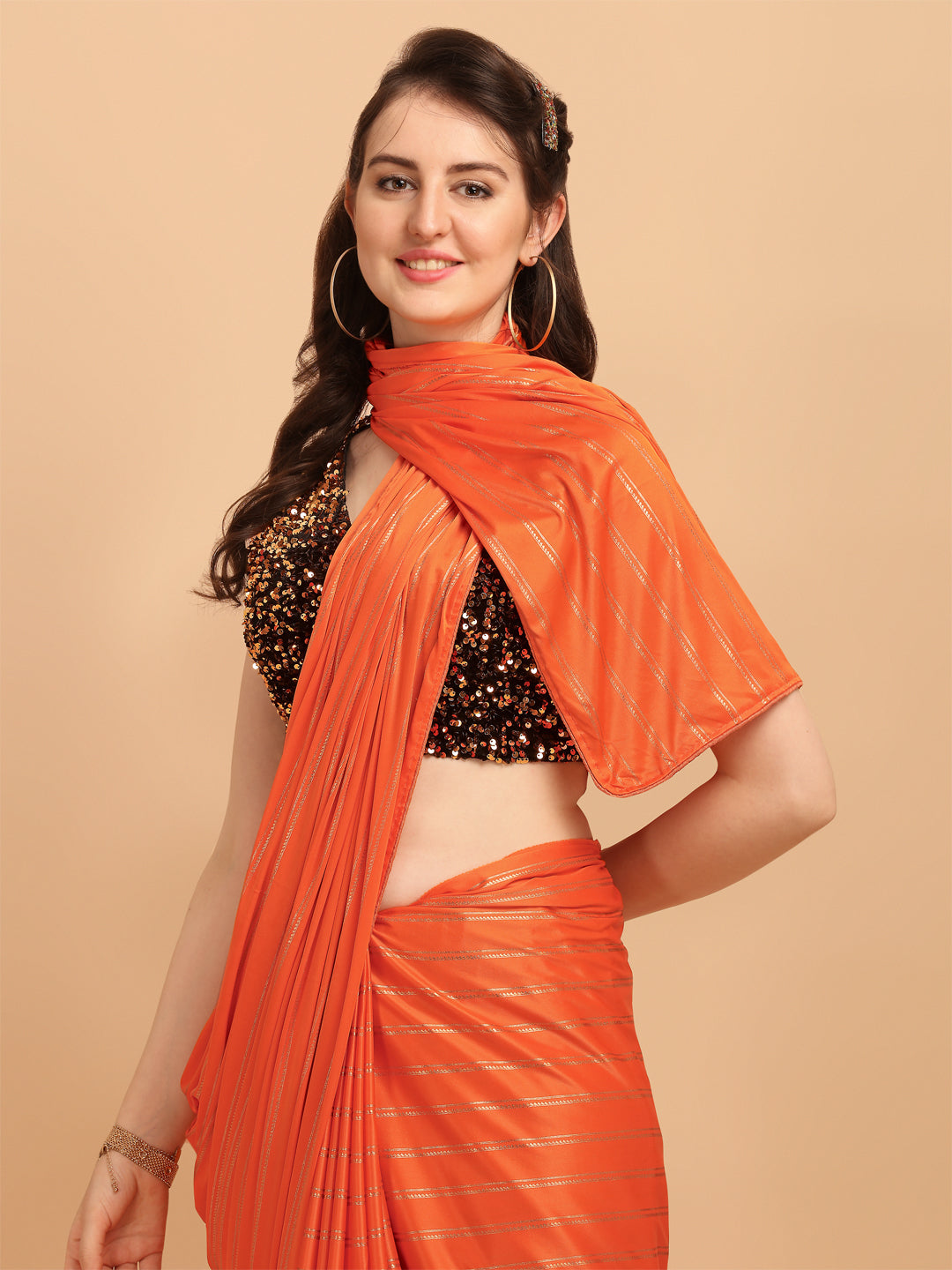 Stylish Orange Malai Silk Saree With Sequences Blouse