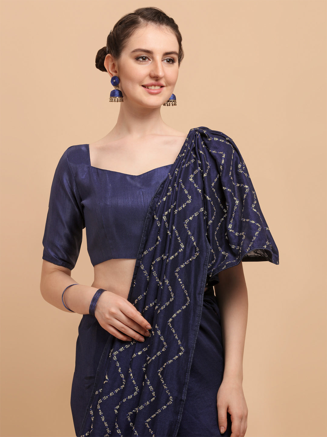 Navy Blue Sequence Vichitra Blooming Saree