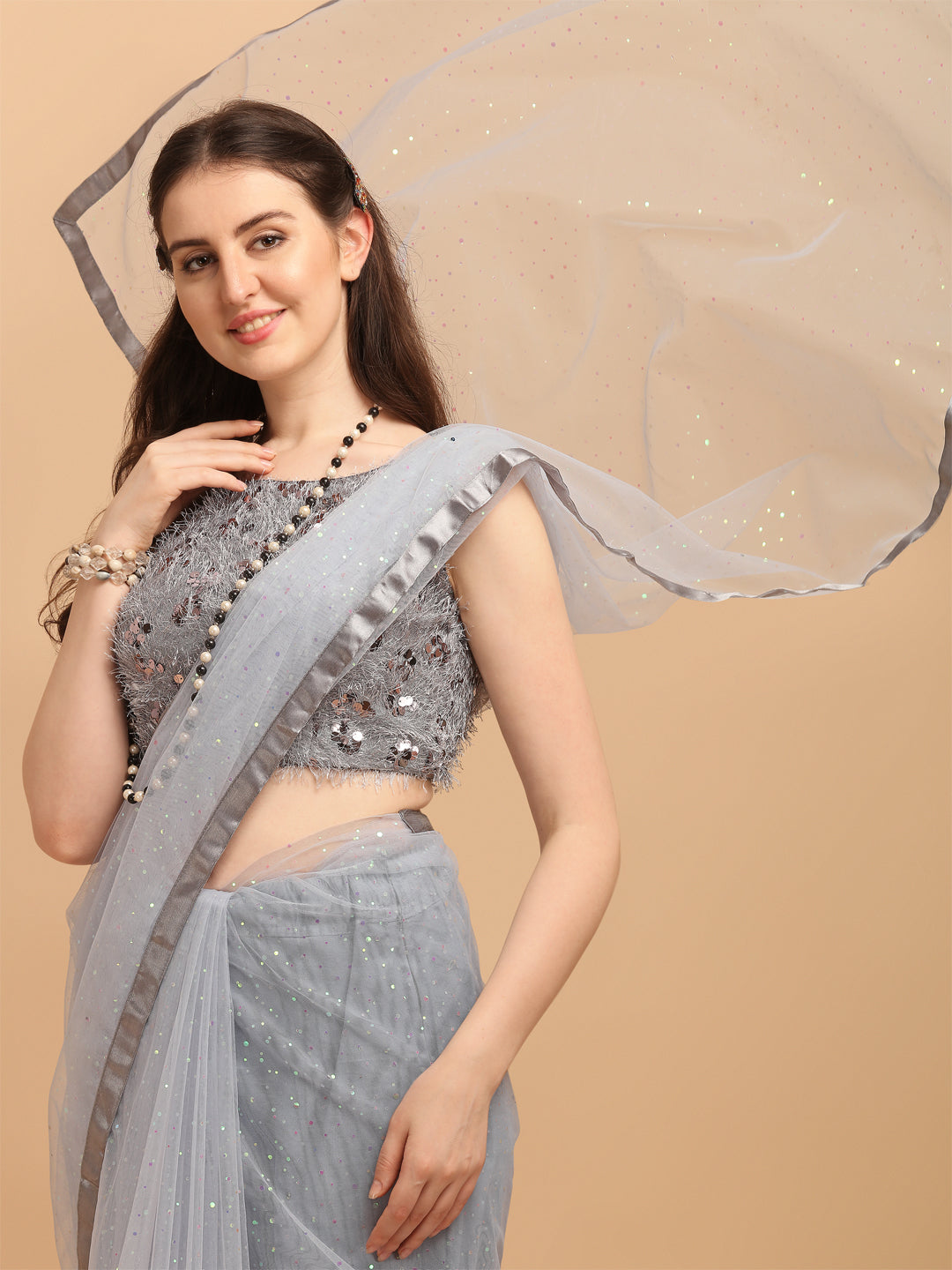 Grey Color Net Saree With Sequence Blouse