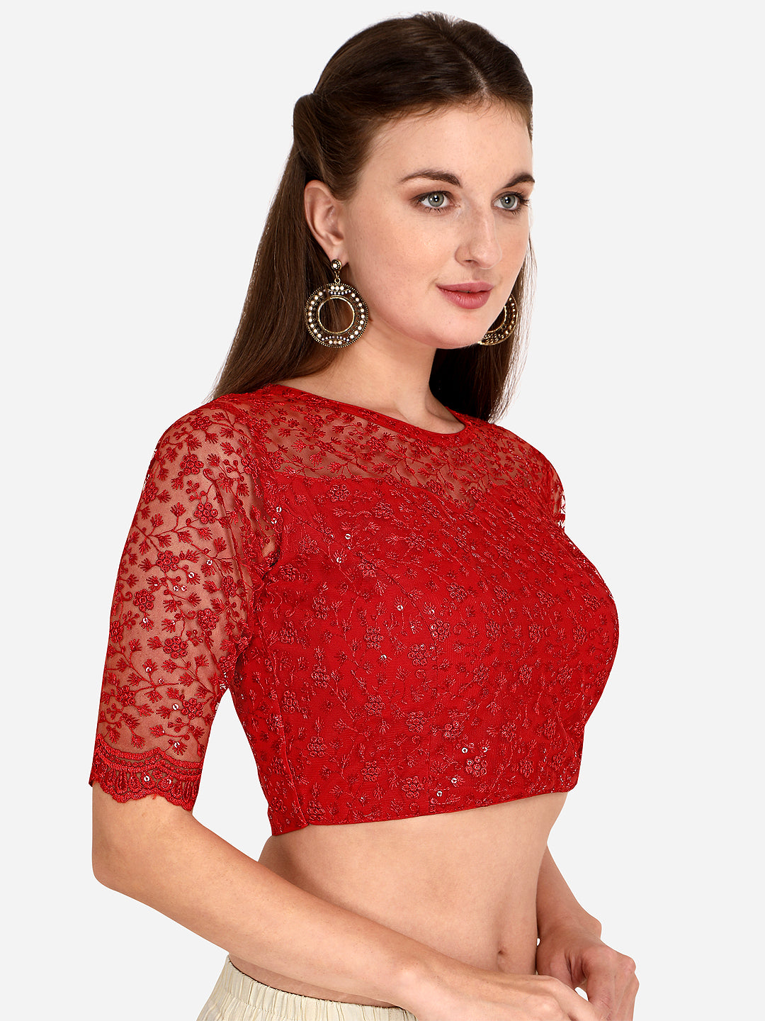 Beautiful Red Color Embroidered & Sequence Work Net Blouse