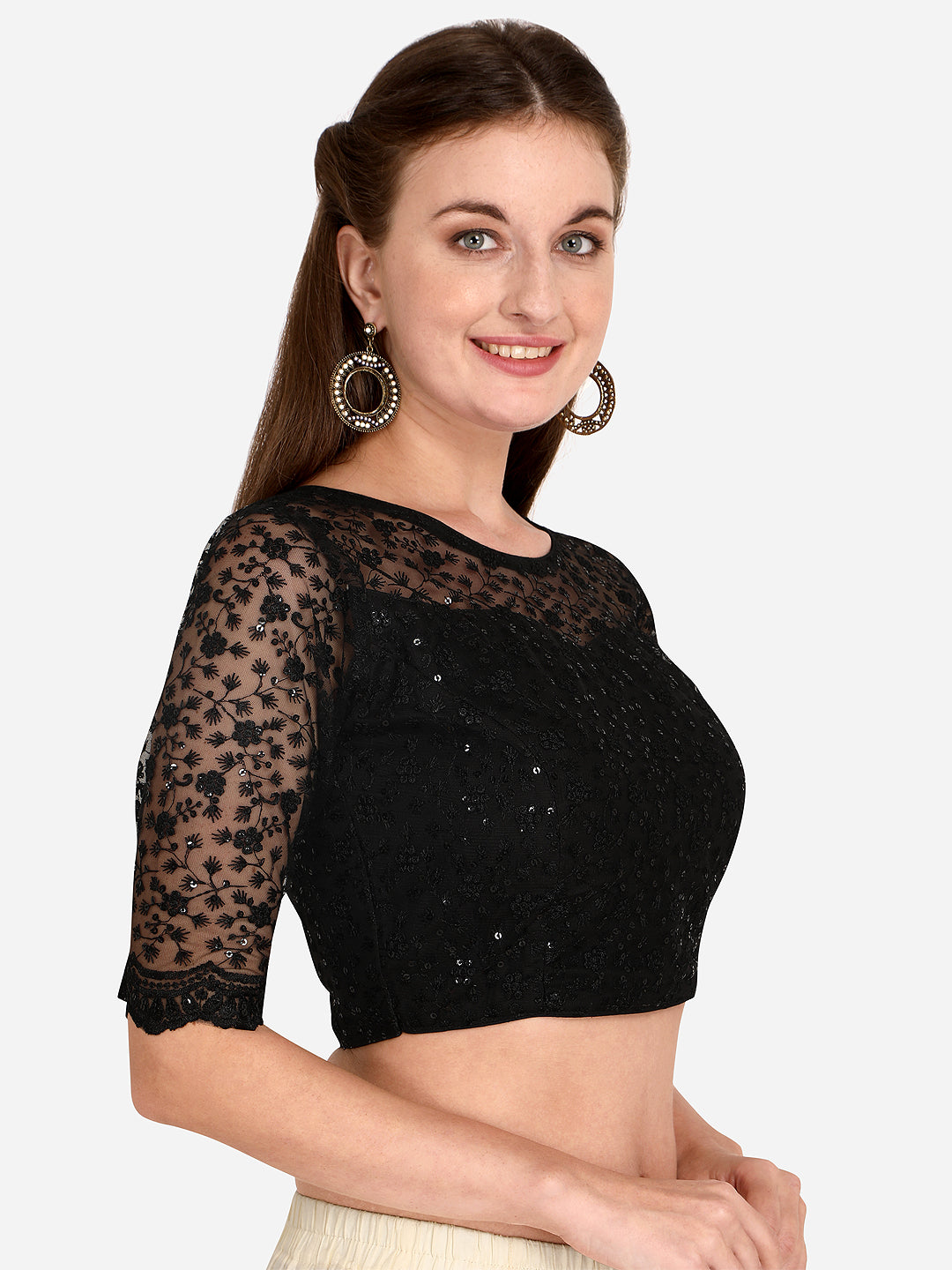 Beautiful Black Color Embroidered & Sequence Work Net Blouse