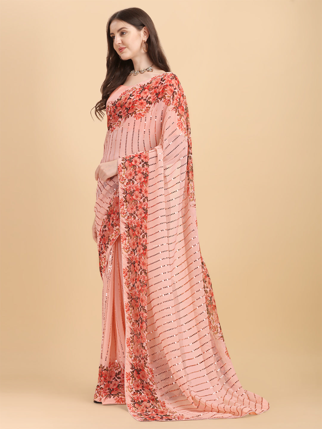 Peach Color Sequence Work Party Wear Saree