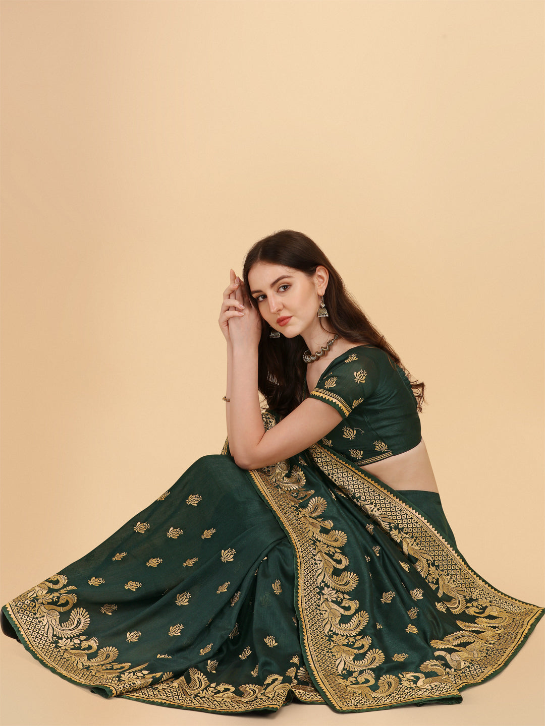 Party Wear Bottle Green Color Embroidered Work Vichitra Silk Saree