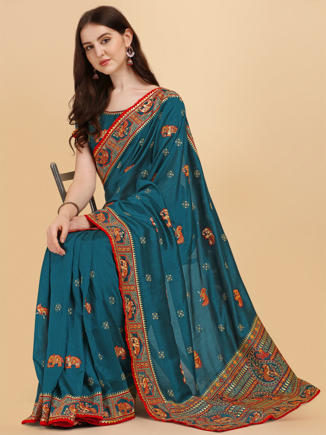 Party Wear Peacock Green Color Embroidered Work Vichitra Silk Saree