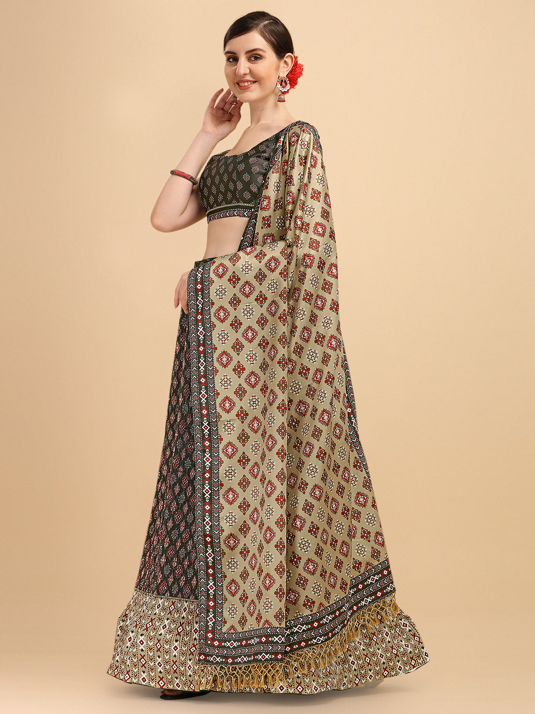 Black & Cream Color Digital Printed Crushed Lehenga Choli