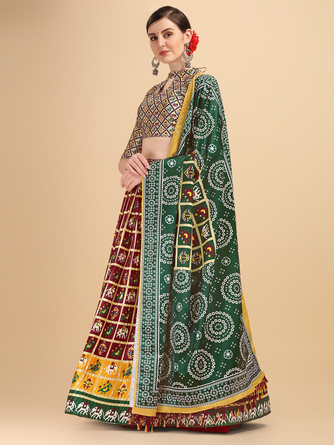 Digital Printed Maroon & Green Color Crushed Lehenga Choli
