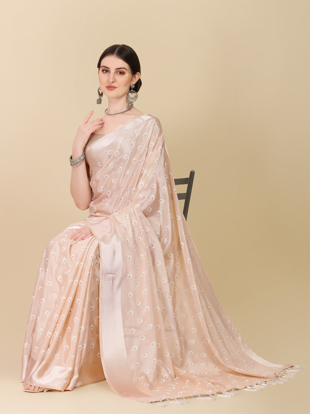 Designer Beige Color Foil Print Chinon Satin Saree