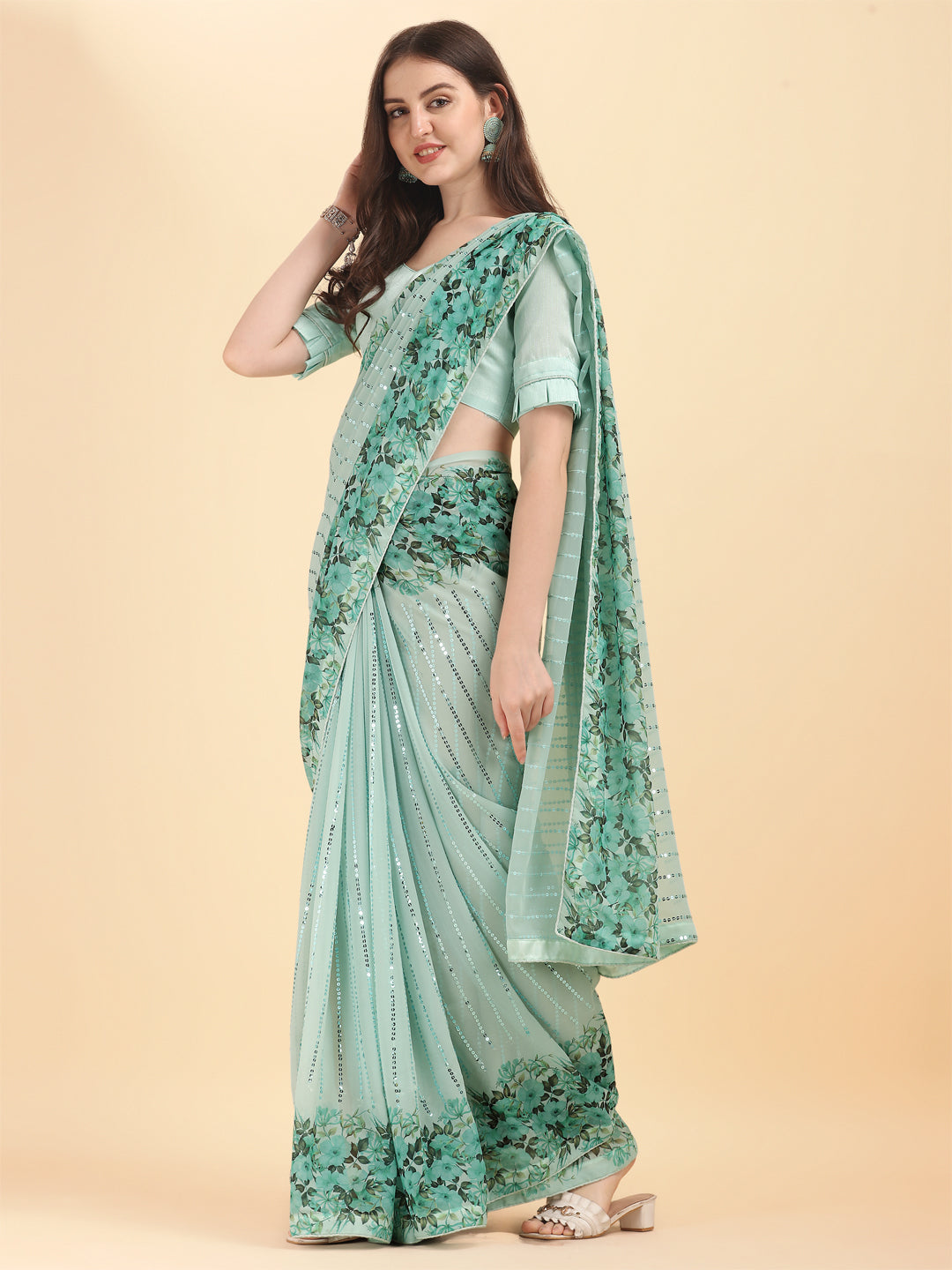 Pista Color Sequence Work Party Wear Saree