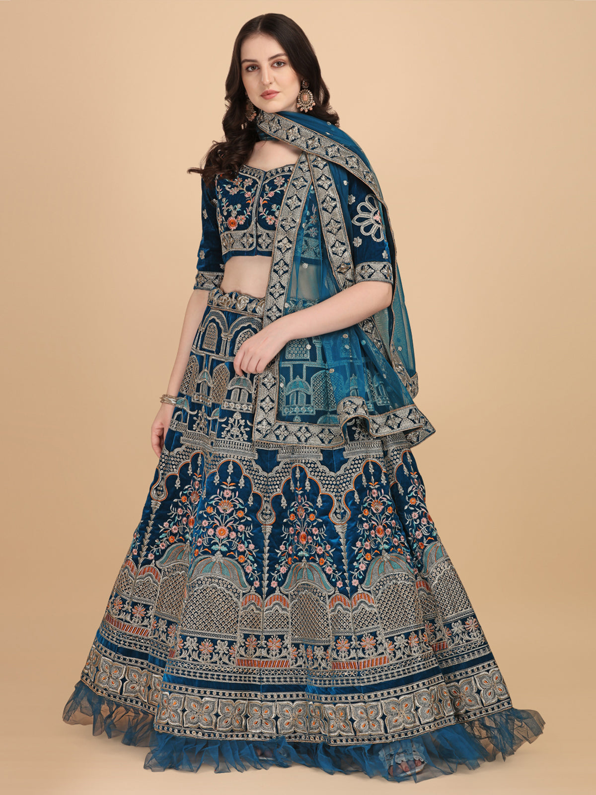 Party Wear Blue Silver-Toned Velvet Lehenga Choli