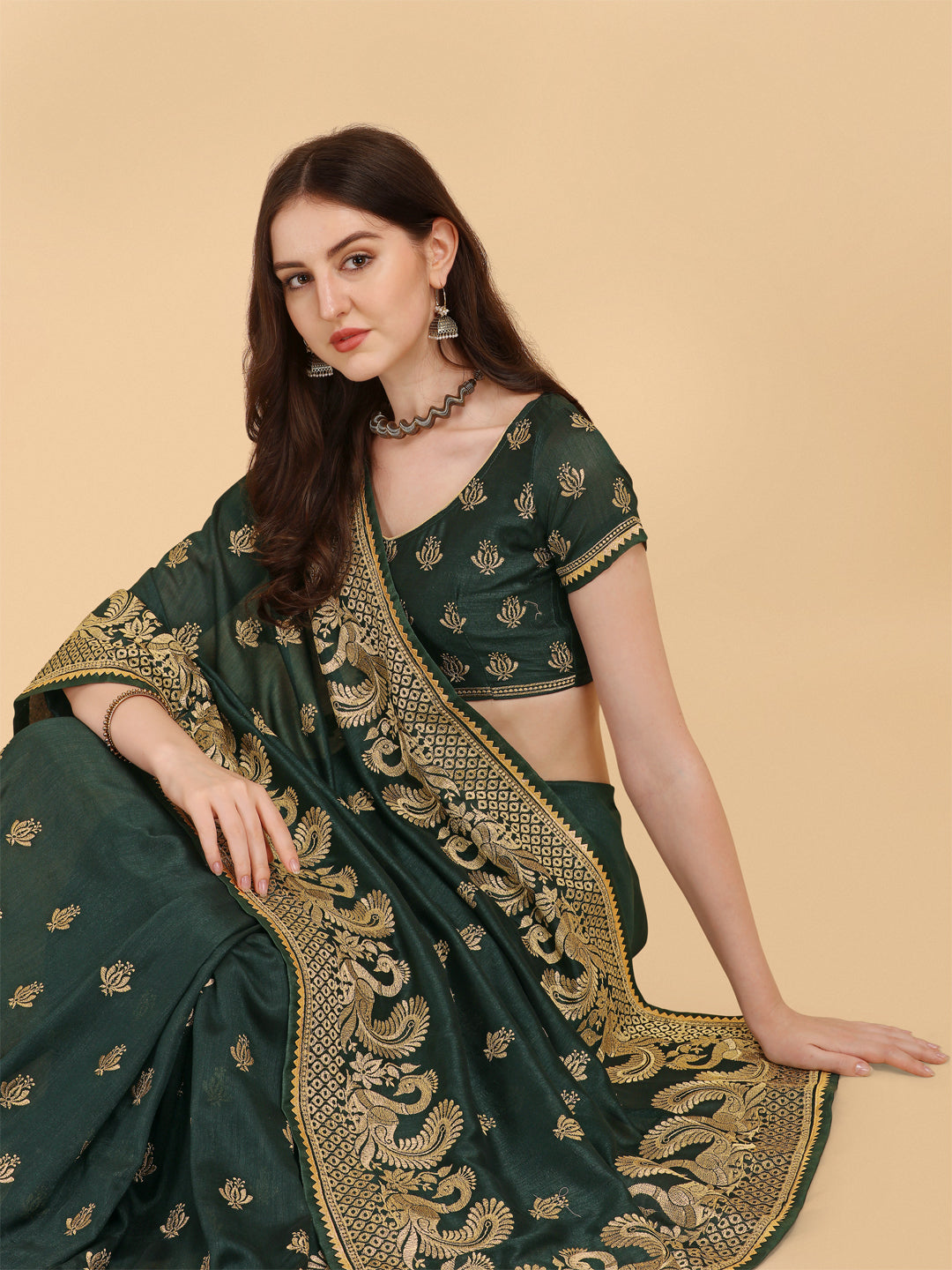 Party Wear Bottle Green Color Embroidered Work Vichitra Silk Saree