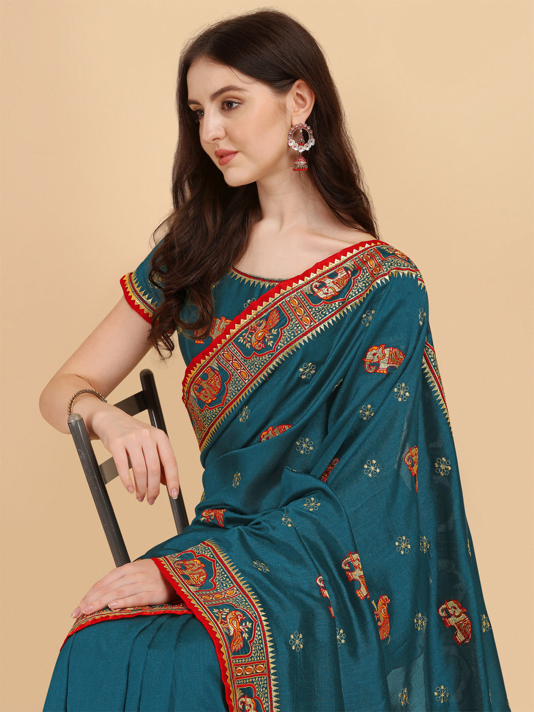 Party Wear Peacock Green Color Embroidered Work Vichitra Silk Saree