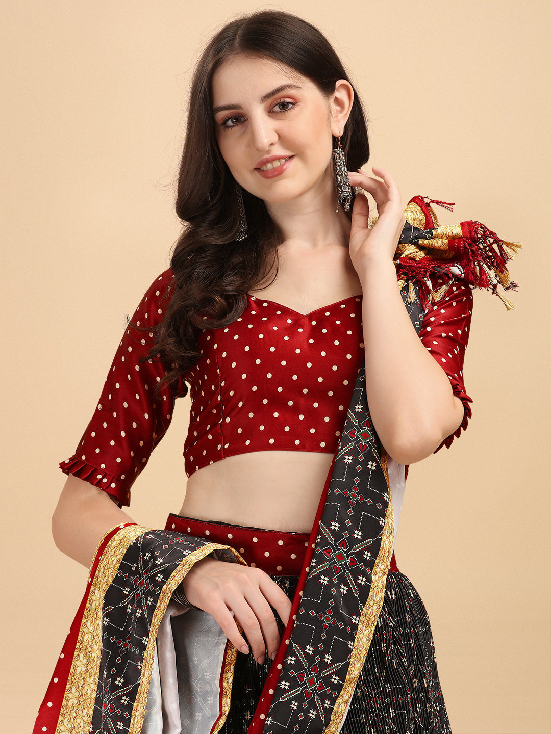 Classic Black & Maroon Digital Printed Color Crushed Lehenga Choli