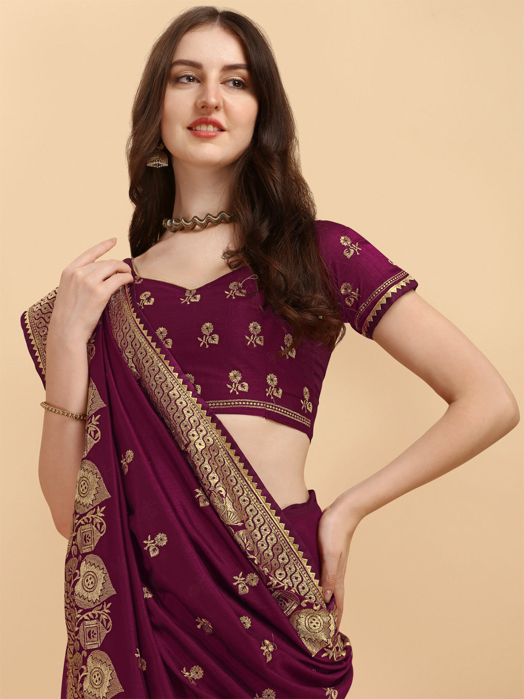 Party Wear Purple Color Embroidered Work Vichitra Silk Saree
