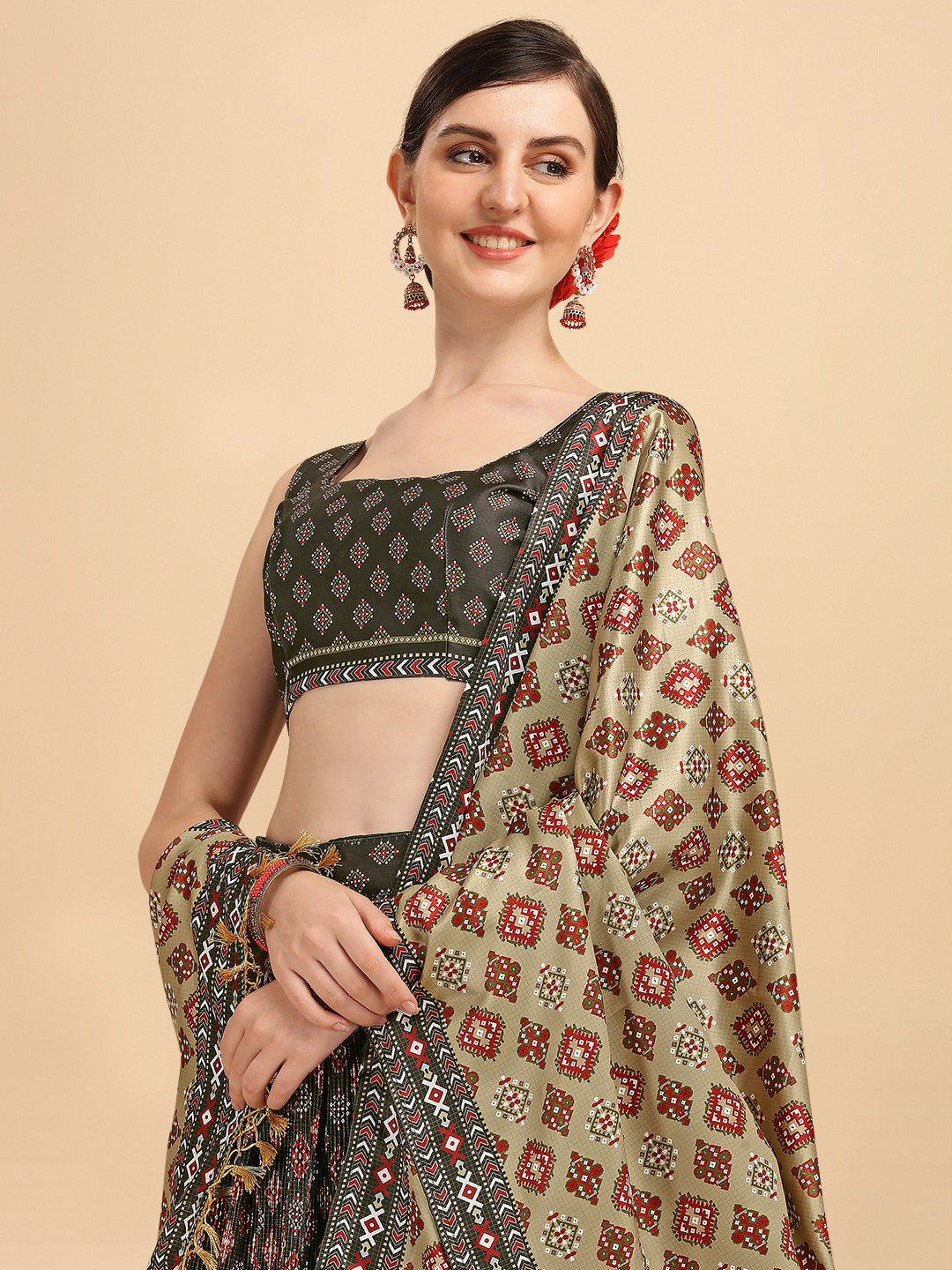 Black & Cream Color Digital Printed Crushed Lehenga Choli