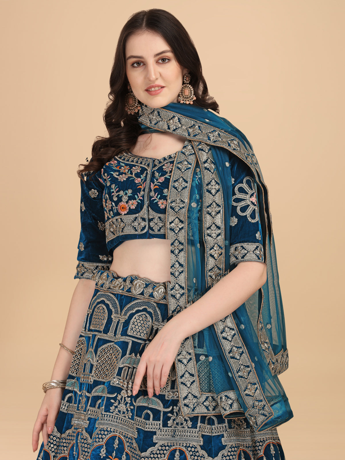 Party Wear Blue Silver-Toned Velvet Lehenga Choli