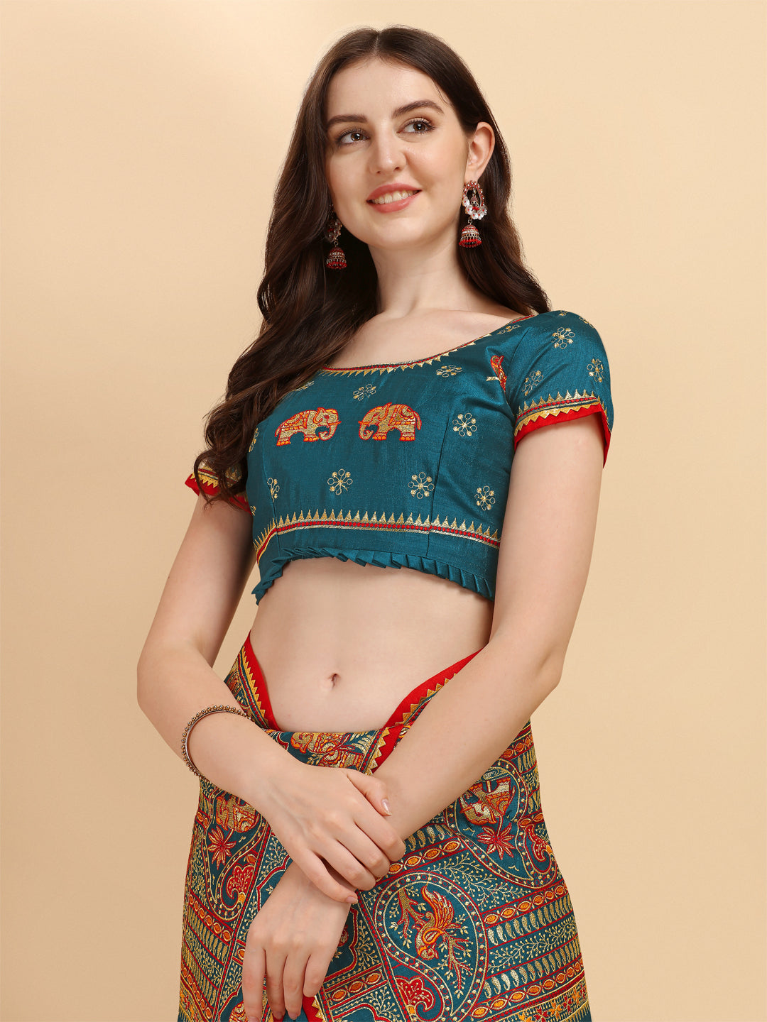 Party Wear Peacock Green Color Embroidered Work Vichitra Silk Saree