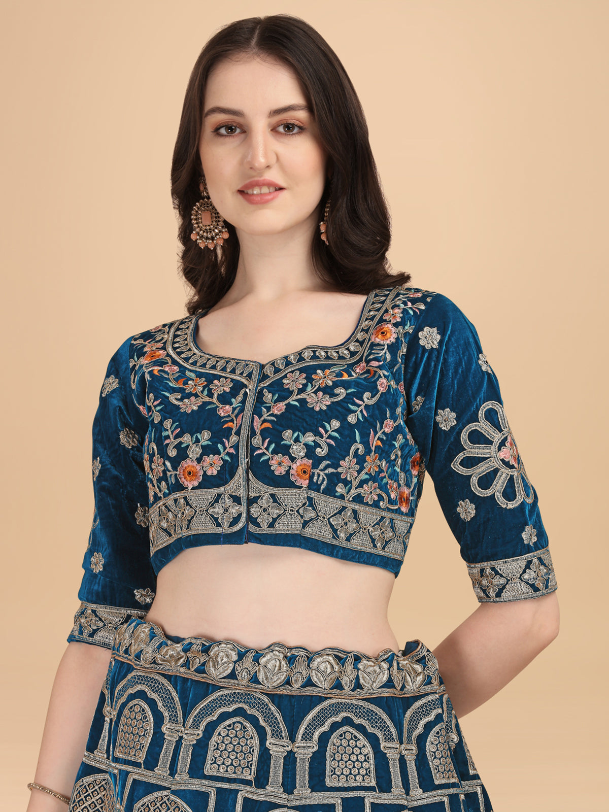 Party Wear Blue Silver-Toned Velvet Lehenga Choli