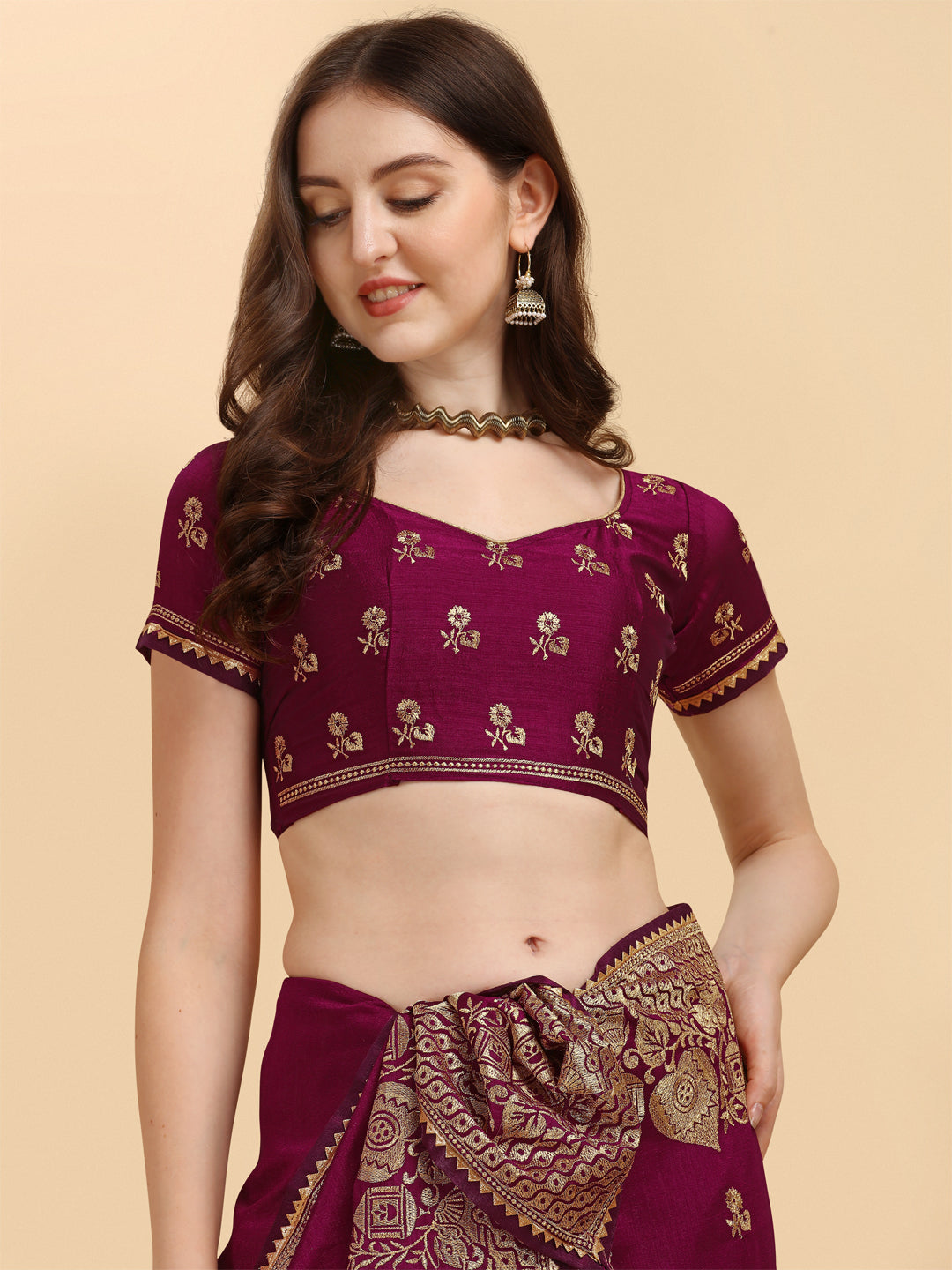 Party Wear Purple Color Embroidered Work Vichitra Silk Saree