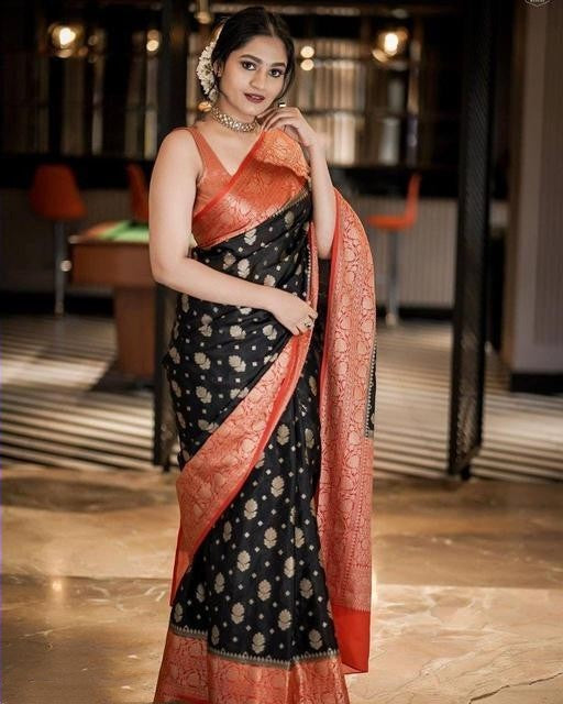 Fancy Black With Red  Color Soft Lichi Silk Party Wear Saree